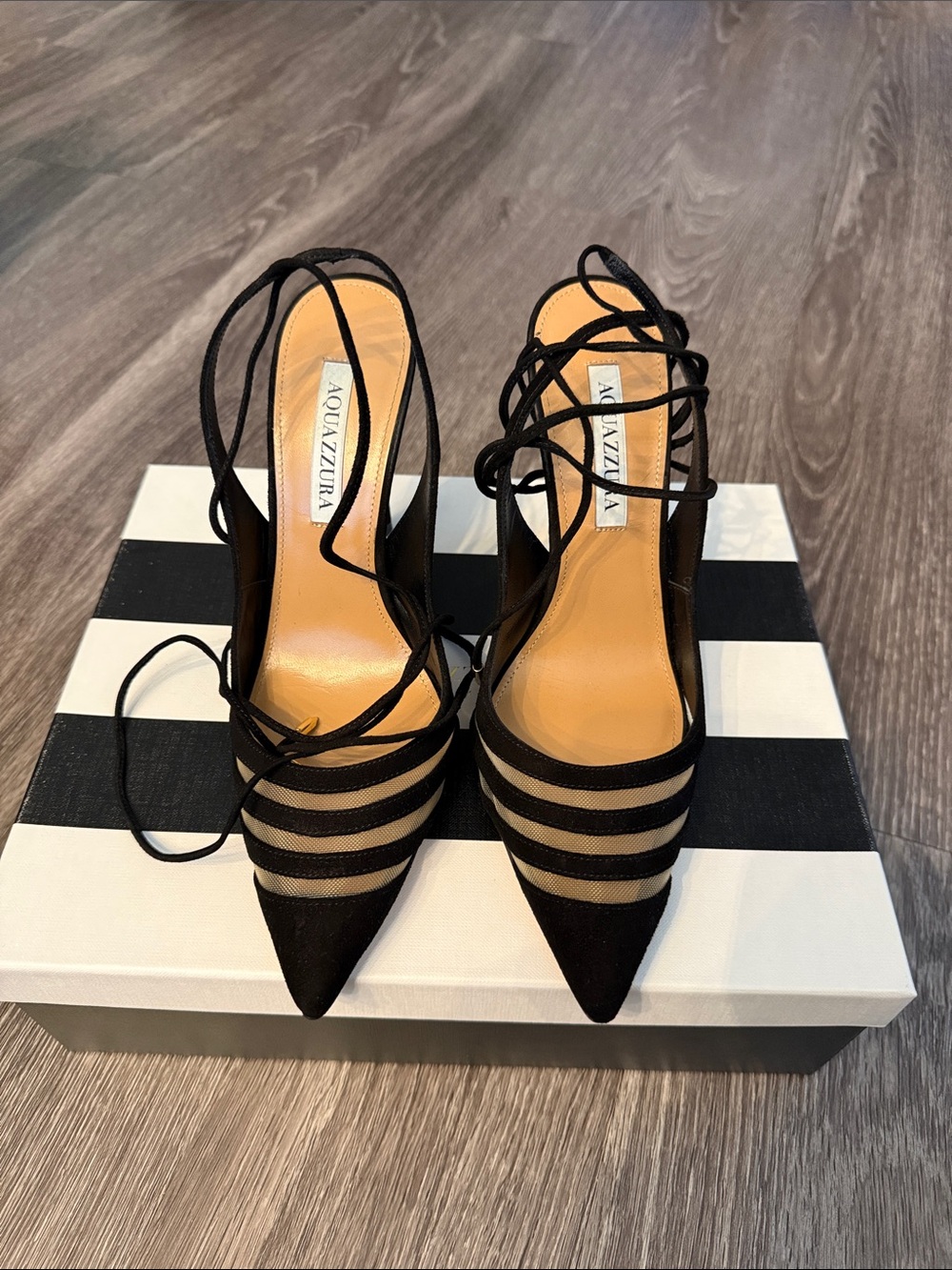 Aquazzura Black Striped Mesh & Suede Lace-Up Pointed Pump - Picture 1 of 3